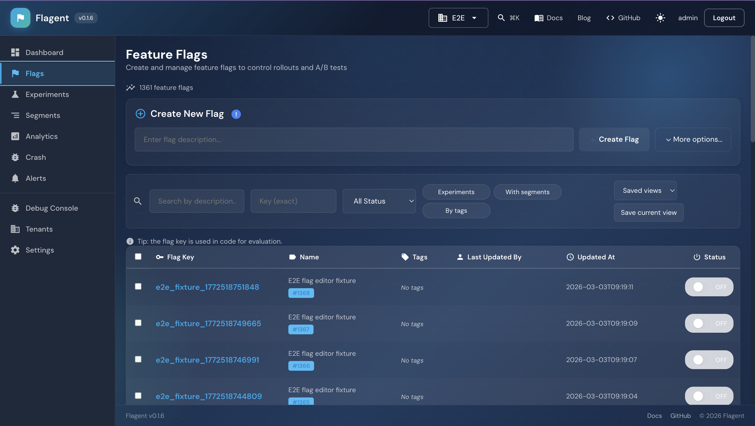 Flagent Feature Flags — list and filters